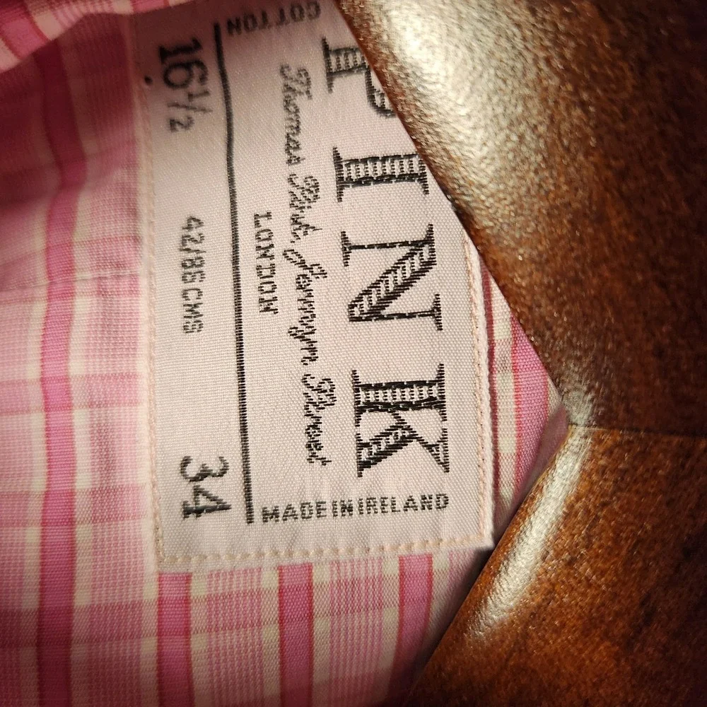 Thomas Pink Dress Shirt Mens 16.5 34 Pink White Check Button Down Double Cuff